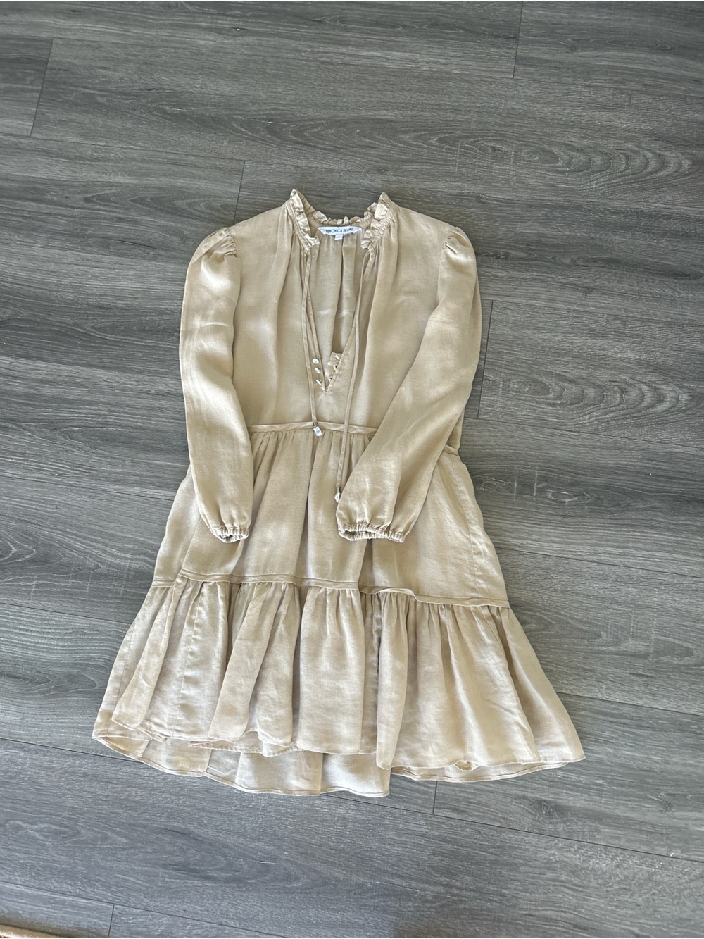 Veronica Beard Beige Ruffled Tie-Front Long-Sleeve Tiered Dress